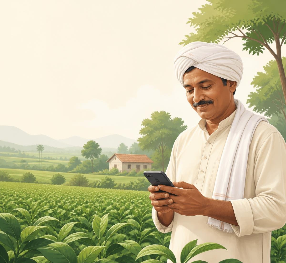 Indian farmer in green crop field using Vaidhara AI farming app on smartphone